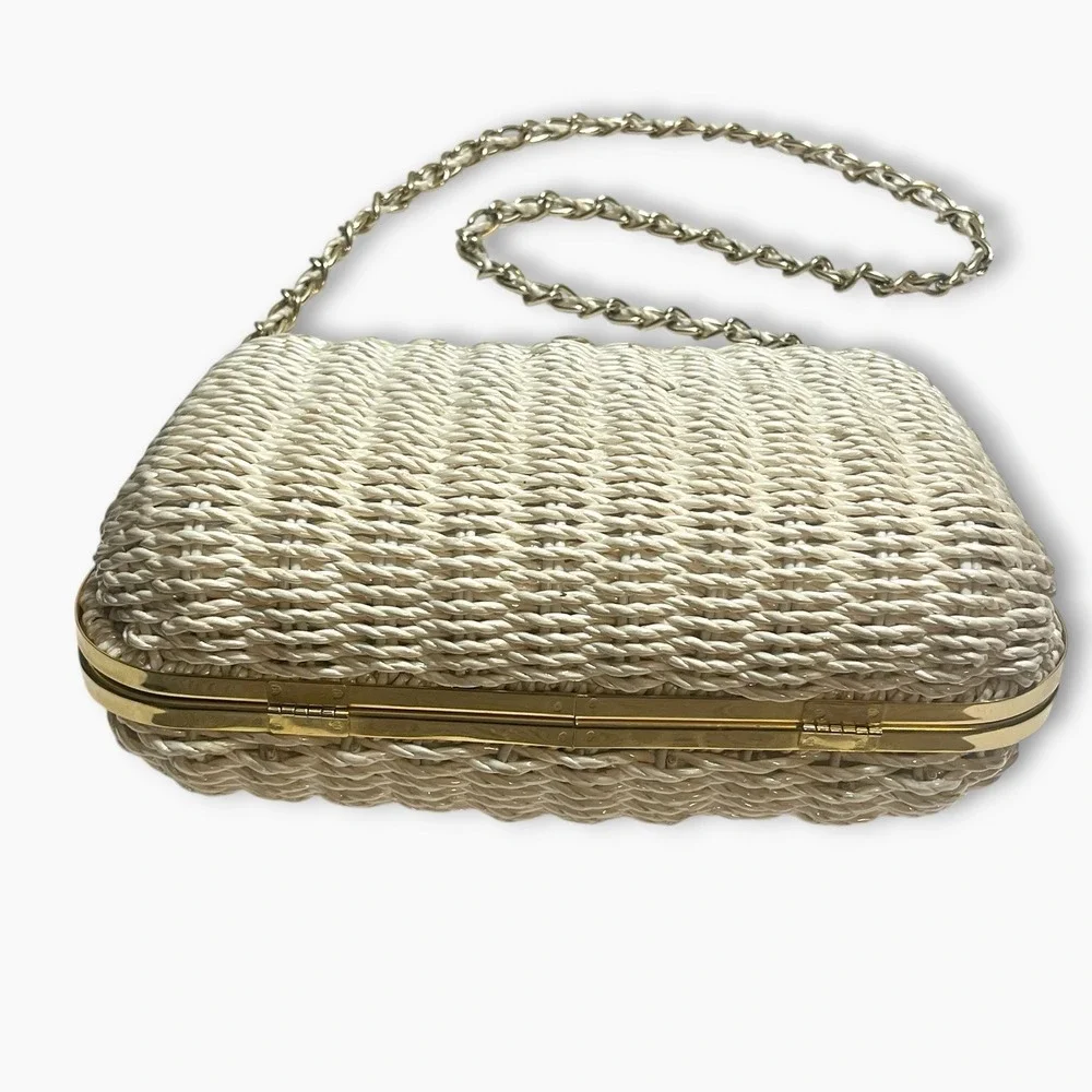 Vintage 60s Magid White Wicker Bag Purse Gold Chain Shoulder Strap